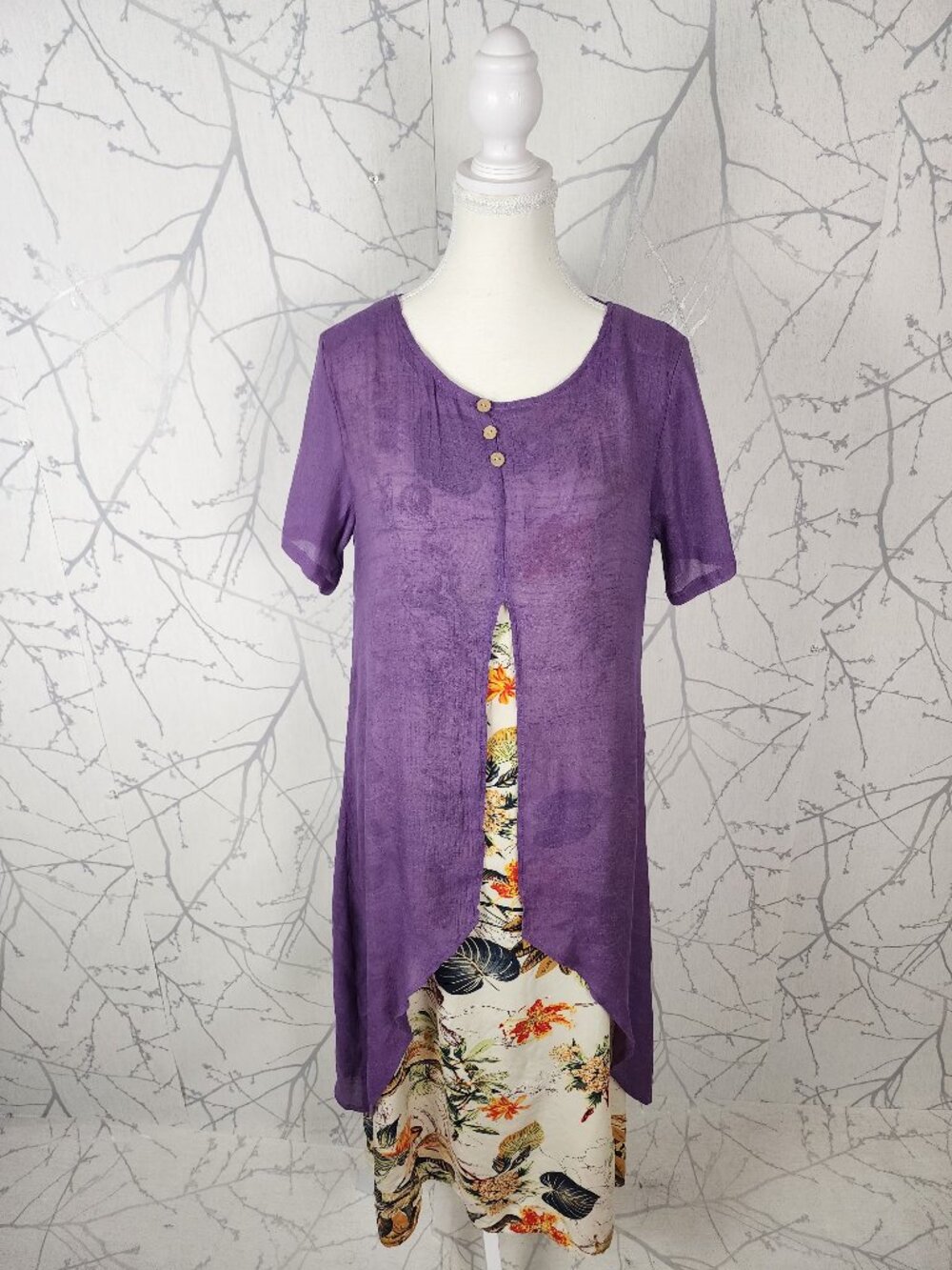 Purple Chiffon Overlay Floral Printed Layered Lagenlook Midi Dress